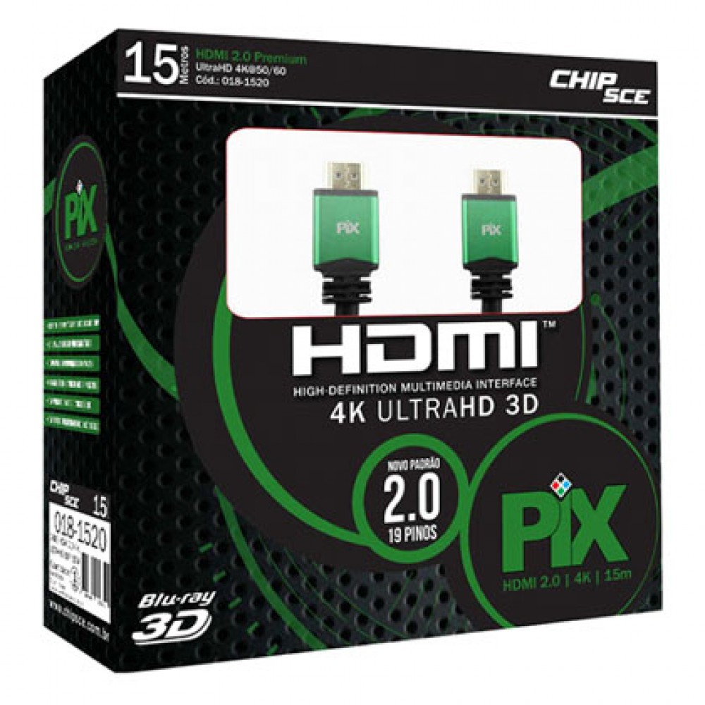 Cabo HDMI Premium 2.0 4k Ultra HD 15 metros PIX